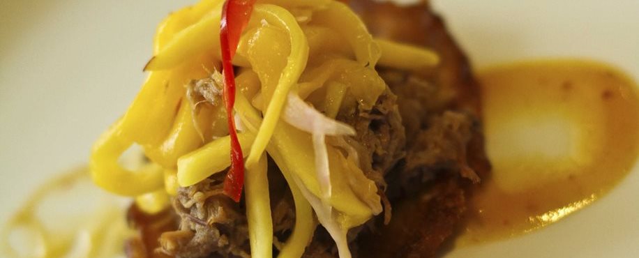 Mango All Spice Brined Pasture Prime Pork, Mango Arbol BBQ, Pickled Mango, Tostone
