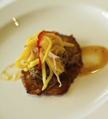 Mango All Spice Brined Pasture Prime Pork, Mango Arbol BBQ, Pickled Mango, Tostone