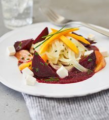 Roasted Pickled Beet Salad with Fennel Slaw, Mango & Ricotta Salata