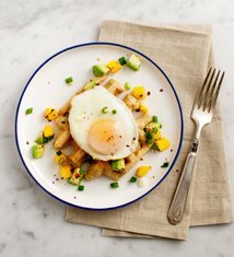 Savory Waffles with Fried Eggs and Mango Salsa