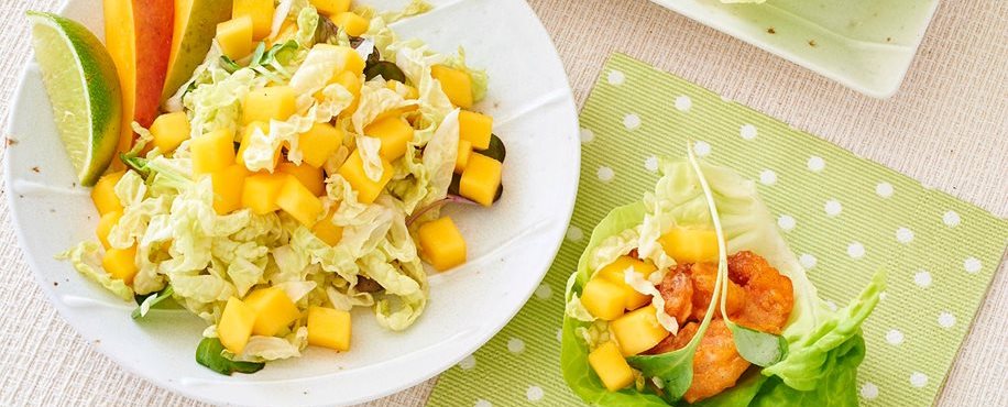 Spicy Shrimp Lettuce Wrap with Mango and Daikon Sprouts
