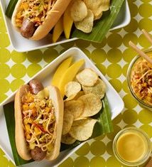 Brat with Mango Kimchi and Mango Mustard