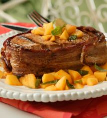 Bacon-Wrapped Pork with Spicy Mango-Basil Relish