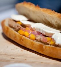 Beef Brisket, Fresh Mozzarella and Mango-Pickled Red Onion Relish on a Baguette