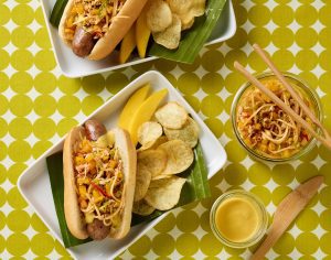 Bratwurst with Mango Slaw Sliced Mangos and Chips
