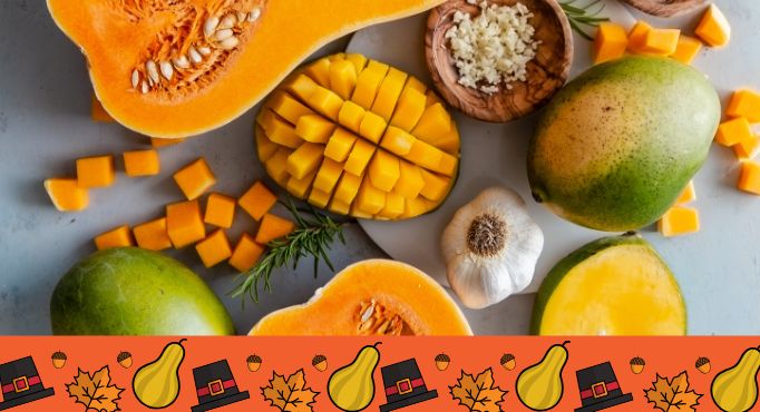 Mango with butternut squash with cute Thanksgiving graphics