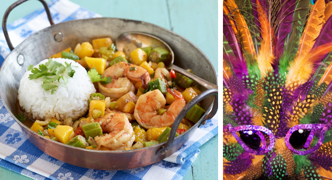 Mardi Gras - Mardi Gras - Shrimp & Mango Gumbo with a Mardi Gras mask