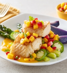 Pan Seared Cod with Mango  Strawberry Pico de Gallo  and Cumin Mango Gastrique 