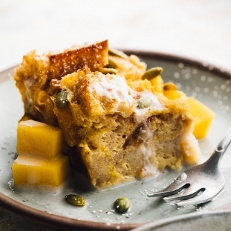 Sourdough Bread Pudding with Mango and Pumpkin Seeds | National Mango Board Recipe