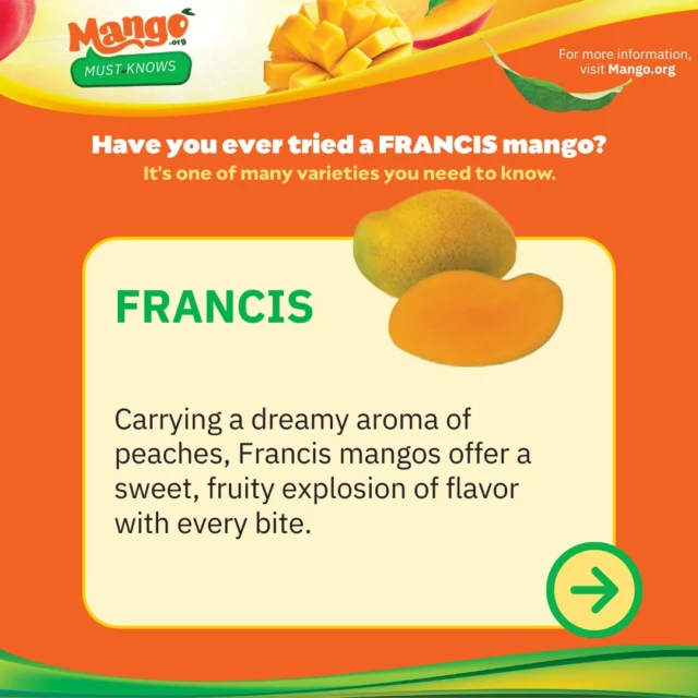 A mango that smells like peaches? Yes. 🍑 

That's the Francis 🥭 defining pure indulgence. Get ready for a full, sweet, fruity explosion unlike anything you've had before. 

Find your new obsession and explore every type of mango: https://www.mango.org/mango-varieties-availability/ 

#MangoLove #FrancisMango #SweetTreat #NationalMangoBoard