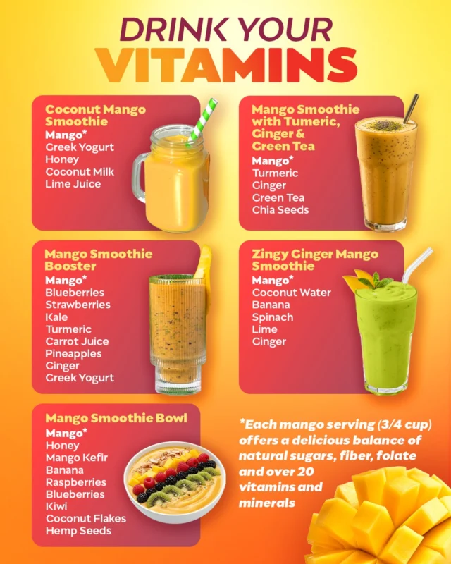Mangos wow when it comes to wellness, especially during National Nutrition Month. Their vitamin C and folate add a powerful punch to these delicious drinks. 🥭

#mango #national #nutritionmonth