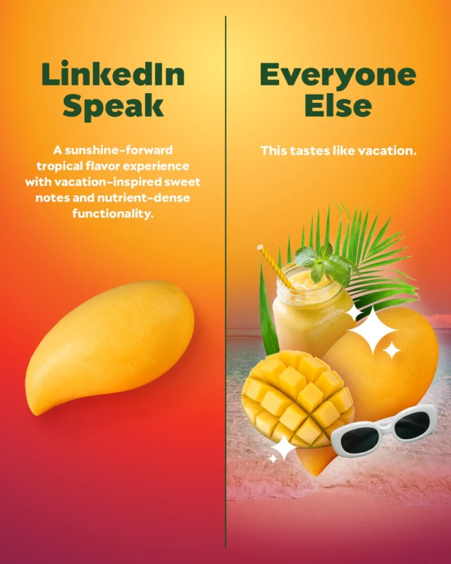 Synergizing sweetness. Optimizing juiciness. The ROI on mango? Immediate joy.🥭 

 #mango #linkedinspeak #marketinghumor #brandhumor